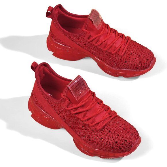 Women's Rhinestone Mesh Slip On Walking Breathable Glitter Red Sneaker Shoes - Picture 3 of 6